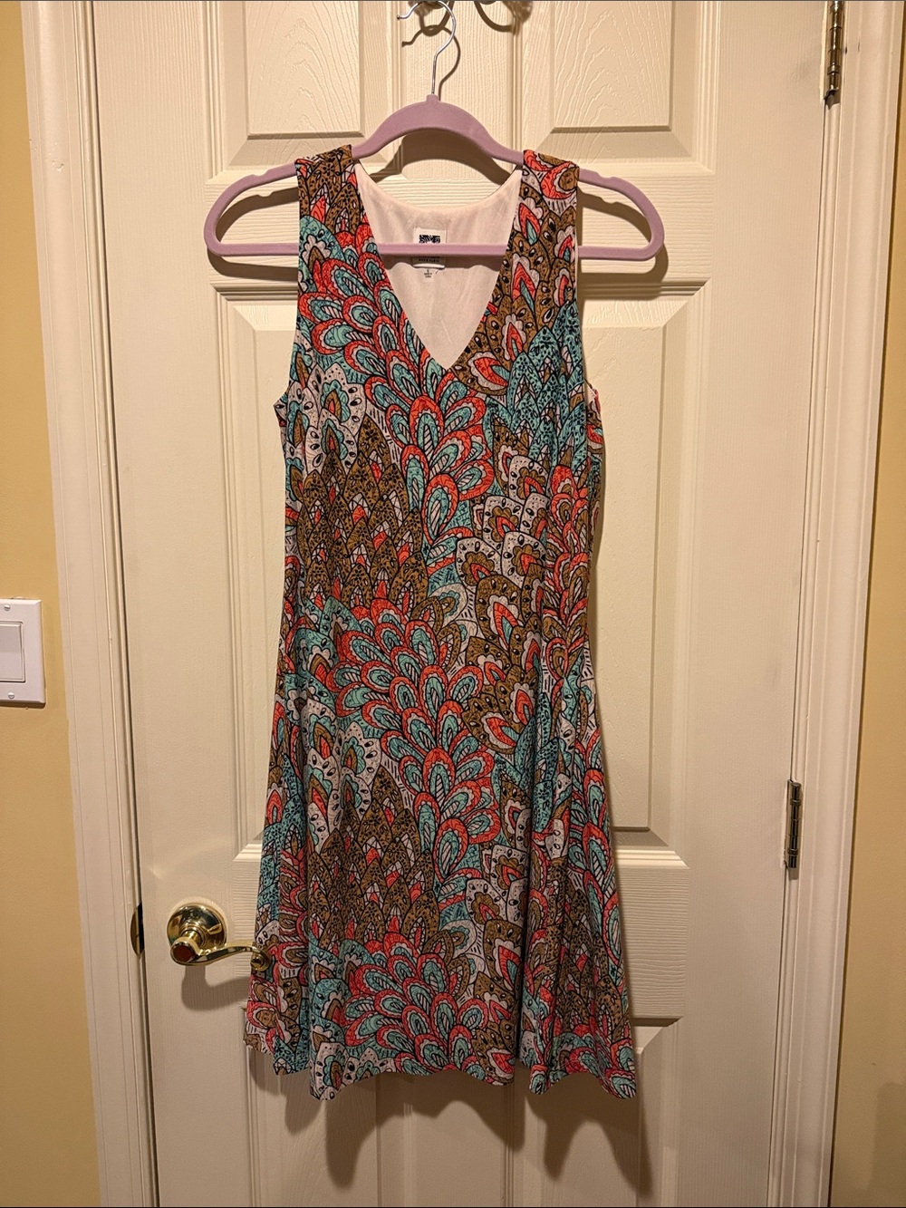 Anne Klein Teal, Coral & Brown V-Neck Sleeveless Dress
